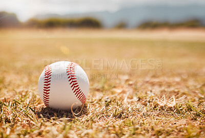 Buy stock photo Baseball, sports ball and empty sport field on grass outdoor training pitch. White ball on the ground for exercise, cardio training and fitness workout of player and athlete team game in autumn
