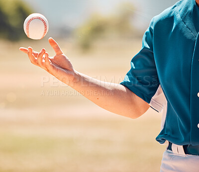 Buy stock photo Sports ball, baseball and woman player on a field or pitch for exercise, training or a tournament match outside. Hand of female athlete playing a competitive game for fitness, recreation and fun