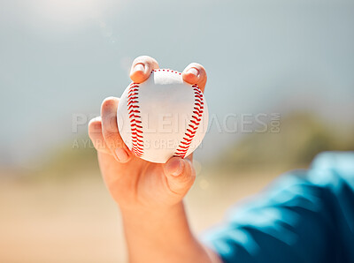 Buy stock photo Fitness, sports and baseball training by a child practice his pitcher skills at an outdoor baseball field. Exercise, motivation and power with young boy closeup hand holding a ball, ready to pitch