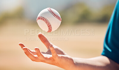 Buy stock photo Sports athlete catch baseball with hand on playing game or training practice match for exercise or cardio at stadium field. Young man, fitness and softball athlete with successful strong pitching arm