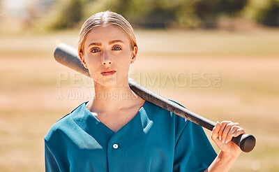 Buy stock photo Baseball, sport and fitness with a sports woman ready for a game or match on a field or pitch outside. Exercise, training and workout with a young and healthy female athlete holding a bat outdoors