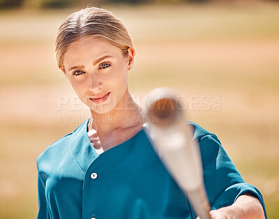 Buy stock photo Baseball, softball sport and woman with bat ready for match or game on pitch or field outside. Exercise, fitness and sports portrait of training healthy female athlete workout for exercise or health
