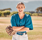 Woman, baseball and sports athlete on field in stadium for training, exercise and workout. Portrait, smile or happy professional player with glove, ball and motivation for health goal or game fitness