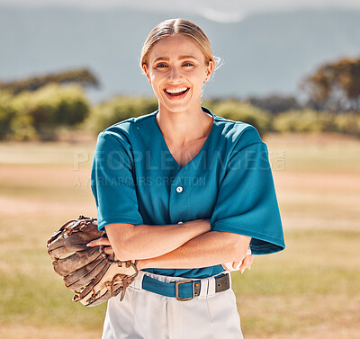 Buy stock photo Woman, baseball and sports athlete on field in stadium for training, exercise and workout. Portrait, smile or happy professional player with glove, ball and motivation for health goal or game fitness
