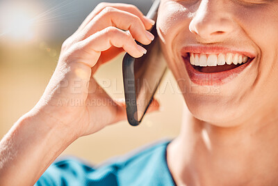 Buy stock photo Smartphone communication and woman on outdoor phone call enjoying 5g technology closeup. Girl with happy smile in digital audio conversation with secure mobile data internet connection.