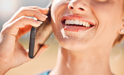 Buy stock photo Phone, hands and mouth with a woman on call for communication and networking outside. Closeup of a mobile in the hand of a happy female talking with a smile using 5g mobile technology outdoor