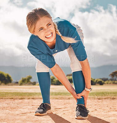 Buy stock photo Sports, pain and woman with leg injury on baseball pitch alone. Fitness, training and a player with hurt ankle. Accident at match, injured girl in need of first aid or medical treatment at ball game.