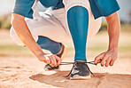 Baseball sport and shoes lace tie for fitness athlete on sand field for tournament game. Softball woman with professional match player uniform running footwear for performance endurance.

