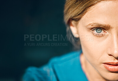 Buy stock photo Blue eyes, woman or face with vision, innovation idea or planning in security, humanity or safety. Zoom portrait, model skin or texture of thinking person on mockup background with memory inspiration