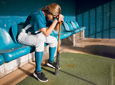 Buy stock photo Baseball, sports bench and woman athlete angry thinking of game loss while waiting to play. Frustrated, sad and serious softball player girl in depressed mood for professional match failure.
