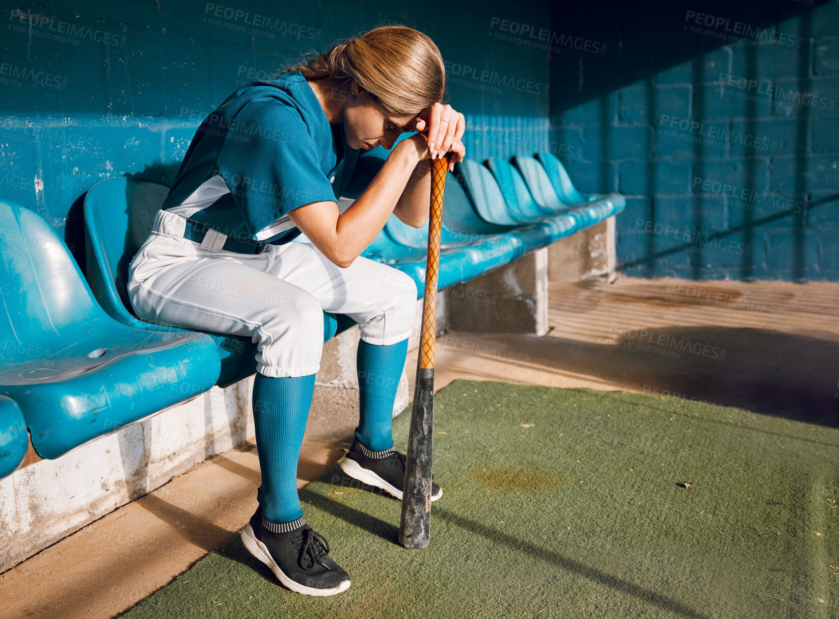 Buy stock photo Baseball, sports bench and woman athlete angry thinking of game loss while waiting to play. Frustrated, sad and serious softball player girl in depressed mood for professional match failure.