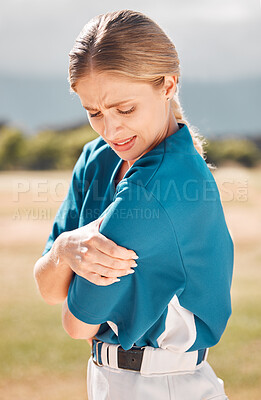 Buy stock photo Baseball, sport and arm pain or injury on the field after an accident during the game or training. Woman sports athlete with medical emergency of muscle or joint with a sprain after match or exercise