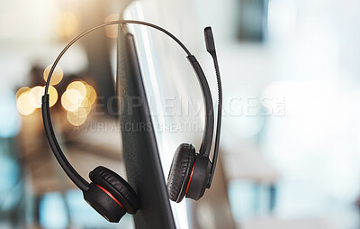Buy stock photo Computer, headphones and call center telemarketing background in office for contact us, virtual online consulting and sales agency. Zoom of customer service technology for receptionist communication