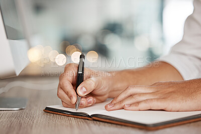 Buy stock photo Business hands writing notes, schedule and planning ideas, administration and research paper notebook on desk in office. Closeup of event planner, meeting agenda reminder and journalist information