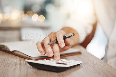 Buy stock photo Hand, finance and budget of a man on calculator in financial plan, management or startup for expenses. Hands of male in accounting, calculating and small business planning for savings and profits