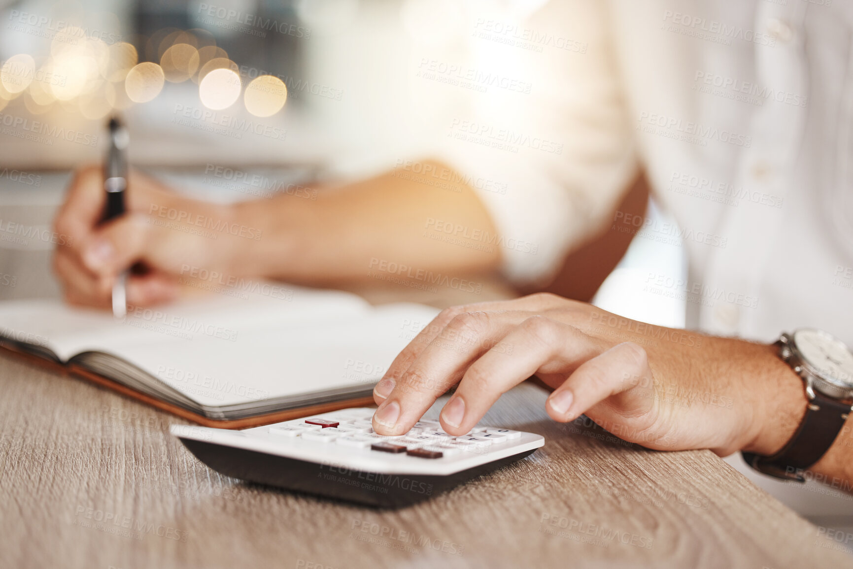 Buy stock photo Calculator, budget and accountant hands planning finance, banking and investment cost in trading, savings and economy audit. Closeup of accounting man investing money for cash flow, payroll and taxes