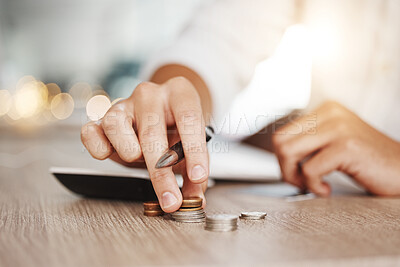 Buy stock photo Business man hands with coins budget money for inflation, debt or finance management working with calculator on wooden table and lens flare. Entrepreneur or startup person with profit cash or savings