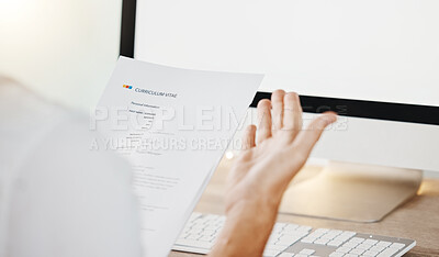 Buy stock photo Hr manager, woman and cv resume while reading information and choosing candidate to hire during online job interview. Closeup female hands holding paper or document for hiring or recruitment on pc