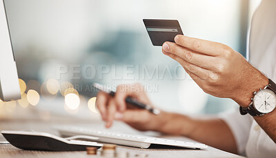 Buy stock photo Credit card, online payment and finance man hands in business typing information for easy loan or digital banking web. Fintech, ecommerce corporate worker check online application for credit score
