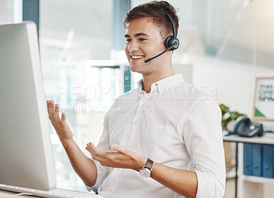 Buy stock photo Call center, headset and computer with sales agent and smile while working in customer support, telemarketing or inbound marketing. Trust, support and help with employee in office for crm consulting