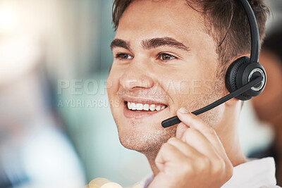 Buy stock photo Call center, happy sales man and customer service worker consulting, microphone telemarketing and working in office. Face of smile contact support consultant, crm communication and agency help desk 