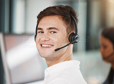 Buy stock photo Portrait of a call center consultant working in an office doing a crm strategy with headset. Happy, professional and young telemarketing agent doing ecommerce sales and customer support operation.