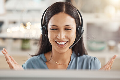 Buy stock photo Call center, telemarketing or customer support agent consulting clients with headset in office. Happy employee working on ecommerce sales, online consultation and customer service crm with technology