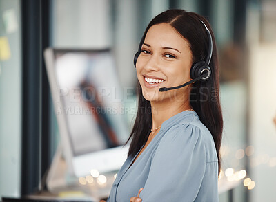 Buy stock photo Call center, customer service woman consultant portrait for telemarketing, crm advice or ecommerce support. Fintech, software information technology agent for online helping, communication or talking