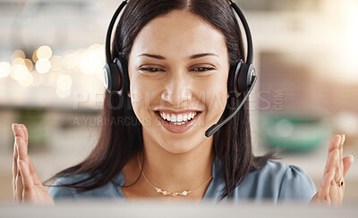 Buy stock photo Call center, happy woman and customer service sales employee consulting, talking telemarketing and working on computer in office. Contact support agent, receptionist and crm internet communication 