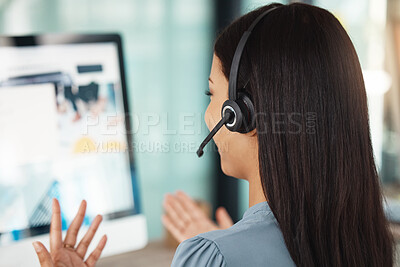 Buy stock photo Call center, communication woman and computer in customer service, contact us and crm consulting office. Support worker, tech receptionist and talking telemarketing consultant advertising sales deal