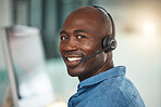 Telemarketing customer service, happy black man and communication in digital transformation success. Portrait of consultant smile in call center, online help desk and business call in support iot