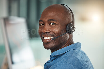 Buy stock photo Telemarketing customer service, happy black man and communication in digital transformation success. Portrait of consultant smile in call center, online help desk and business call in support iot