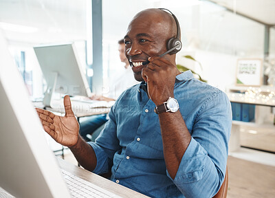 Buy stock photo Black man, phone call and customer service consultant talking, communication and speaking at telemarketing office pc. Contact us, support and consulting crm worker help with advice on online finance