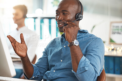 Buy stock photo Black businessman call center conversation in office, working at help desk online telemarketing company. Customer service support, consultant talking on microphone and career success to contact us