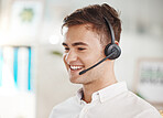 Happy sales man, call center agent, and contact us telemarketing worker customer service help desk in office. Smile salesman connect on headphones for crm consulting, support advice and consulting