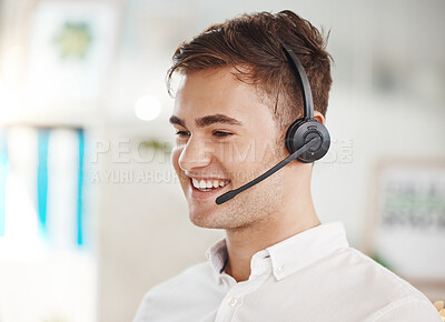 Buy stock photo Happy sales man, call center agent, and contact us telemarketing worker customer service help desk in office. Smile salesman connect on headphones for crm consulting, support advice and consulting