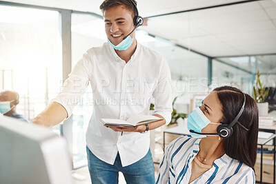 Buy stock photo Covid, customer support and web help mentor help an office online phone consultant. Happy internet call center employee and team lead working on digital tech consulting and telemarketing training
