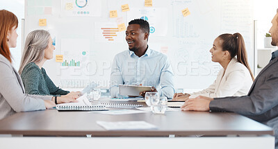 Buy stock photo Teamwork, planning and finance with a business man and his team working on strategy in the office. Collaboration, accounting and coaching with a male employee talking to staff in a learning workshop