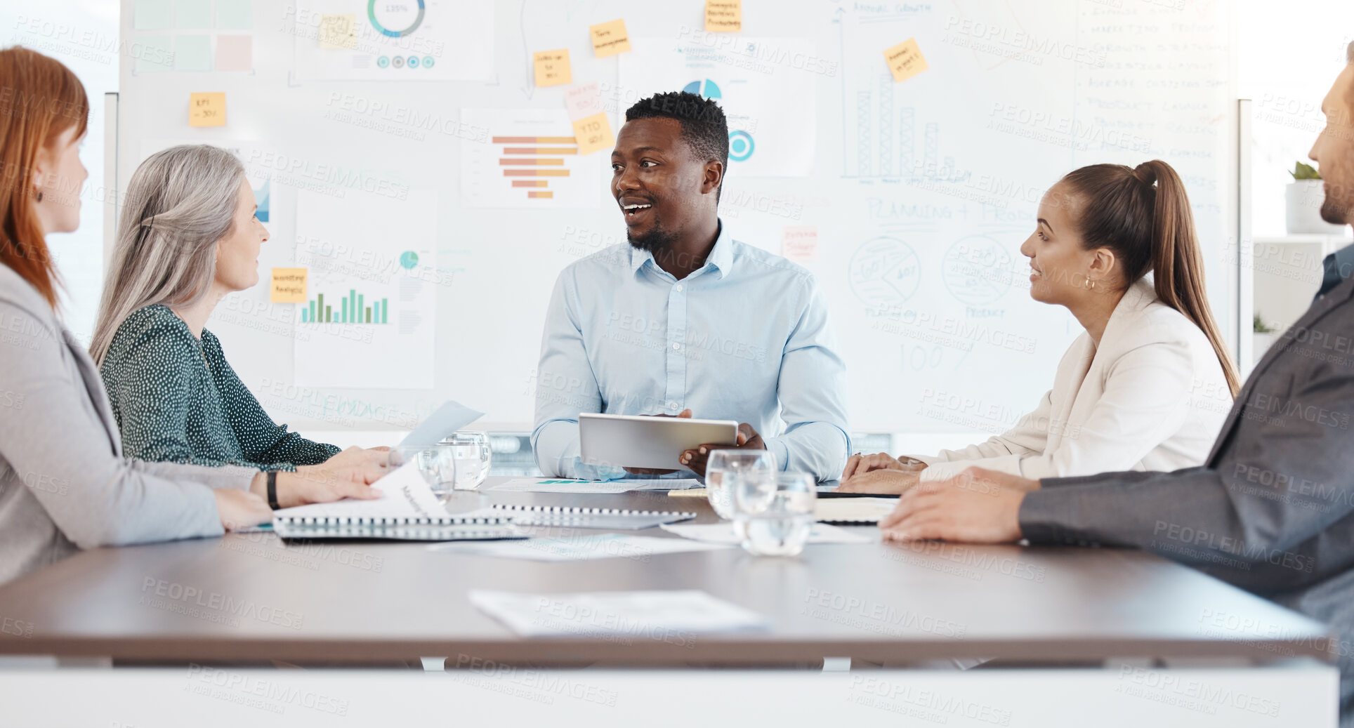 Buy stock photo Teamwork, planning and finance with a business man and his team working on strategy in the office. Collaboration, accounting and coaching with a male employee talking to staff in a learning workshop