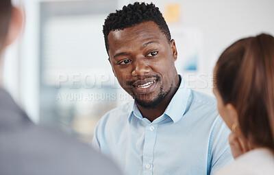 Buy stock photo Business coach, management and a black man in meeting with team. Strategy, planning and teamwork, a businessman coaching men and women at startup. Leadership, working and brainstorming in the office.