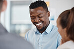 Happy black man in business, smile in team company meeting and employee working success. Career of professional young person, strategy conversation training and funny discussion in office workplace