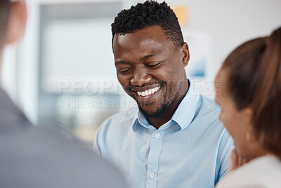 Buy stock photo Happy black man in business, training meeting in team company and employee working success. Career of professional young person, strategy conversation and funny discussion in office workplace