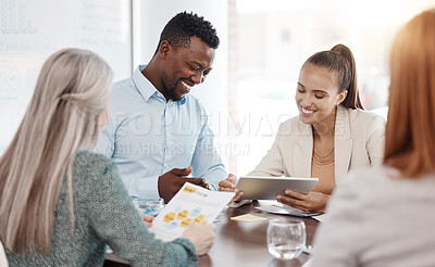 Buy stock photo Corporate, business meeting and tablet planning with happy feedback from management. Office people in positive conversation about company target, statistics and goals for development.

