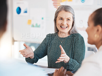 Buy stock photo Senior woman, leadership and business meeting with office team for planning vision, collaboration and strategy in startup company. Happy manager coaching staff with motivation in agency discussion