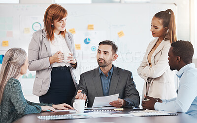 Buy stock photo Business man leadership talking to marketing office team meeting, strategy planning and expert collaboration. Manager and diversity group of people in seminar discussion, agency and working in focus