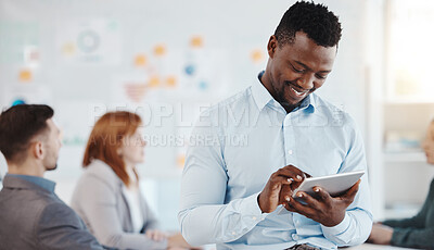 Buy stock photo Corporate man and business news on tablet for career development convention social media marketing. Young black person busy with online research for exciting workshop for office people.