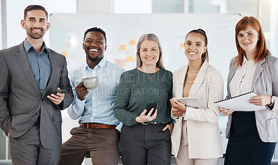 Buy stock photo Business people portrait, teamwork and diversity of employees, workers and collaboration for motivation, vision and goal in startup company. Happy group of professional  management staff in office 