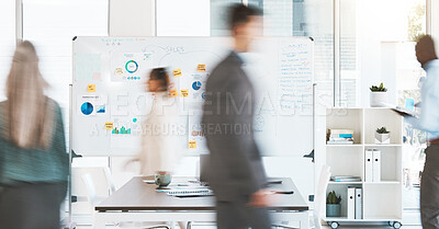 Buy stock photo Working, busy office and business team worker moving fast in a company. Corporate staff walking and ready to start career work strategy project for company growth, staff growth and employee vision