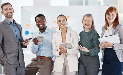 Buy stock photo Collaboration, diversity and team success of accounting and corporate business people standing together in support. Portrait and smile of finance employees in partnership in law agency office
