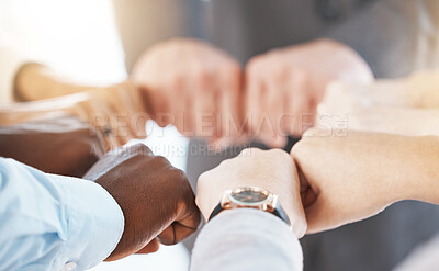Buy stock photo Diversity business hands fist bump for teamwork, collaboration or solidarity in corporate workplace. Group of people and hand sign icon for community, working together or inclusion support background